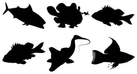 Collection of diverse fish and marine animal silhouettes isolated on