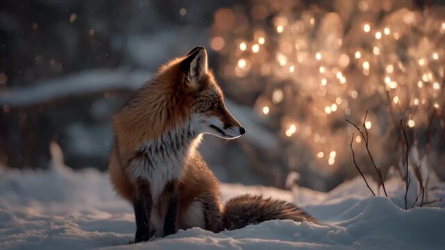 Red fox sitting in the snow winter scene with bokeh lights wildlife photography for seasonal greeting cards and nature-themed project
