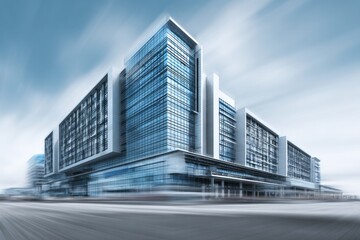 Obraz premium Modern architecture showcases a large glass office building with motion blur effects.