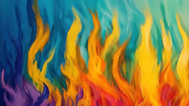 Vibrant abstract flames create an energetic atmosphere in a colorful artwork displayed indoors