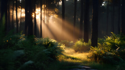 Obraz premium Sunlit Forest Path: Capturing the beauty of sunlight filtering through the dense canopy of a vibrant, verdant forest, with a gentle path winding through the trees.