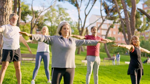Senior friends practicing yoga together in a park