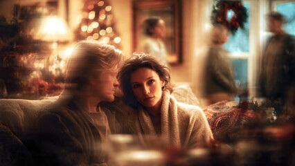 Obraz premium Tired couple on couch during Christmas, overwhelmed by holiday stress and rush, showing fatigue, tension and seasonal pressure