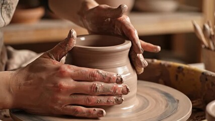 Crafting clay pot on potter wheel with artisan hands pottery process art skill workshop activity - Powered by Adobe