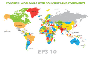 Fototapeta premium Colorful World Map with Countries and Continents for Education, Travel Planning, Geography Learning, Global Visualization, Classroom Posters, International Studies, and Informative Illustrations