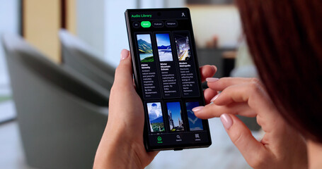 Girl DJing Live Radio Show On Mobile Phone, Stream, Playlist