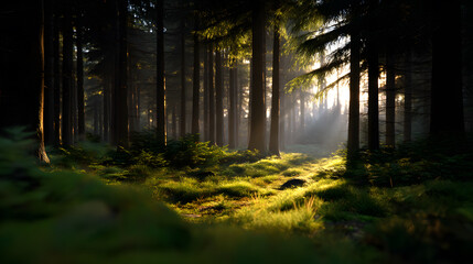 Obraz premium Sunlit Forest Path: The serene image features a sun-dappled path leading into a mystical forest, creating a sense of wonder and tranquility.