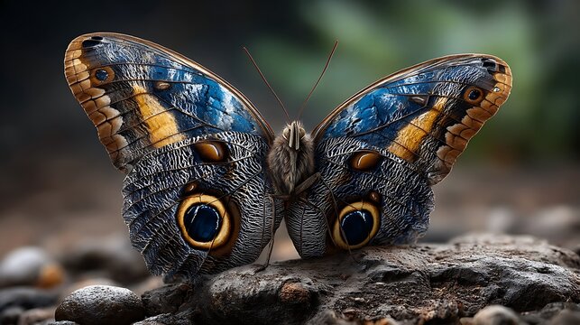 A close-up of a butterfly wing, with symmetrical patterns resembling eyes, representing natural vigilance.