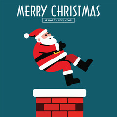 Santa Claus Descending Into Brick Chimney with Snow, Merry Christmas and Happy New Year Vector Illustration Template, Delivery Concept