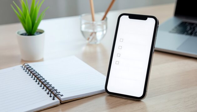 A clean workspace setup with a smartphone displaying a digital checklist, symbolizing modern productivity and business planning