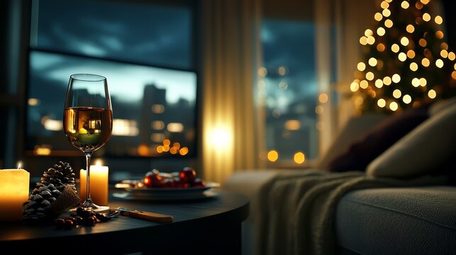 Cozy holiday evening gathering modern apartment festive celebration warm ambiance indoor viewpoint relaxation concept