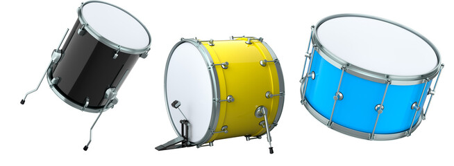 Set of drums on white background. 3d render concept of musical instrument, drum machine