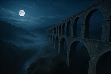 Moonlit stone aqueduct arches over misty valley