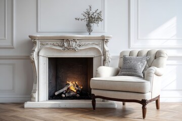 Elegant armchair rests beside a lit fireplace with ornate marble surround.