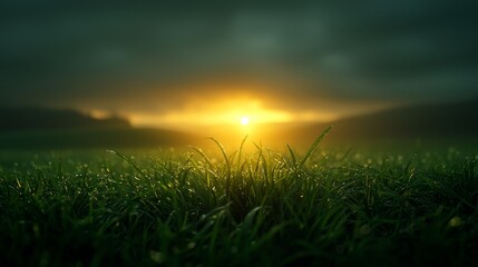 Sunrise over dewy grass nature landscape early morning serene environment low angle tranquility and renewal