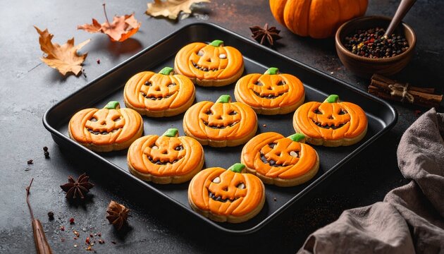 Pumpkin-shaped cookies with jack-o'-lantern icing on tray, surrounded by autumn spices—evoking festivity, warmth, and the cozy choreography of Halloween and seasonal delight.
