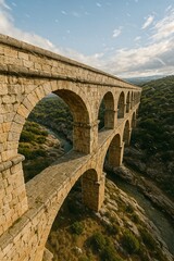 Stone aqueduct arches spanning green valley