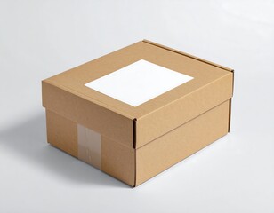Close-up of a brown cardboard box with a blank white label