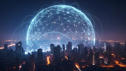 Futuristic cityscape with global network connection and digital technology overlay