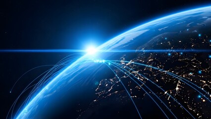 Sunrise over earth from space with city lights and atmospheric glow