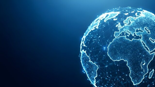 Glowing digital earth globe on dark blue background