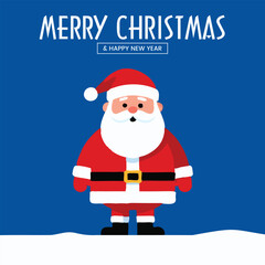 Simple Minimalist Santa Claus Standing in Snow, Merry Christmas and Happy New Year Vector Illustration Template on Blue Background