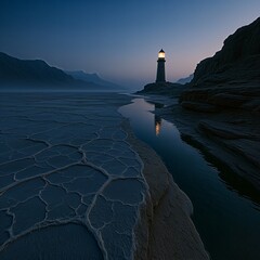 Twilight lighthouse facing wide river mouth