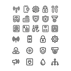 Hand drawn smart home and security icon set featuring wireless connectivity surveillance and automation in a simple and clean style