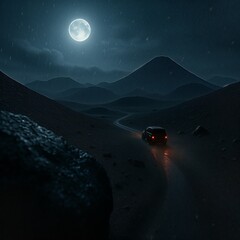 Moonlit mountain road with lone car