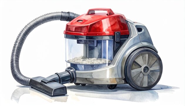 Red and black canister vacuum with visible dust container—evoking action, efficiency, and the dynamic choreography of home cleaning and modern utility.
