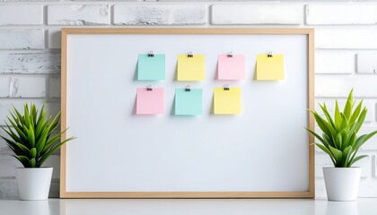 A modern office workspace concept featuring a blank whiteboard with colorful adhesive notes for brainstorming and planning