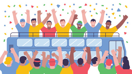 Cheering Crowds on a Double Decker Bus Parade with Falling Confetti Celebration