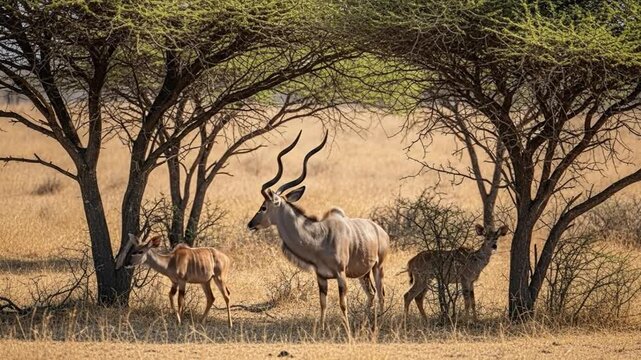 Kudu Family Grazing Peacefully Under Acacia Trees in the African Savannah