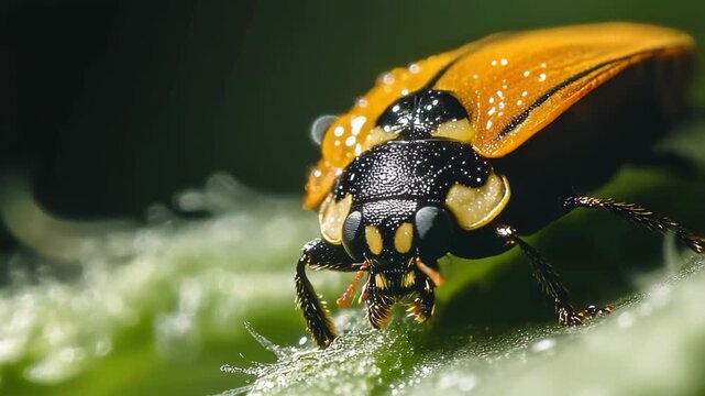 A ladybug with distinct black spots crawls over a green leaf adorned with glistening dew droplets. The scene captures the essence of a quiet morning in nature.