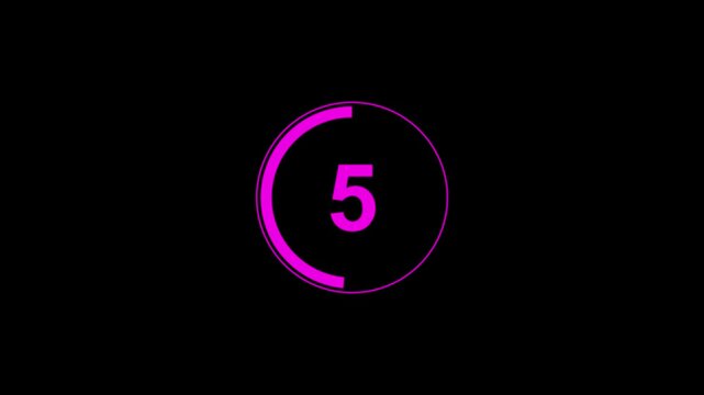 Circle countdown timer 10 seconds animation from 10 to 0 seconds real time. Animated number 10 countdown graphic on black background with modern minimalist design