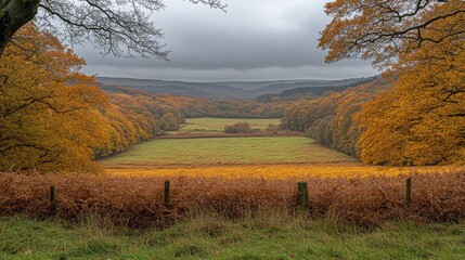 Fototapeta premium Scenic landscape featuring autumn foliage and misty hills, conveying a feeling of serenity.