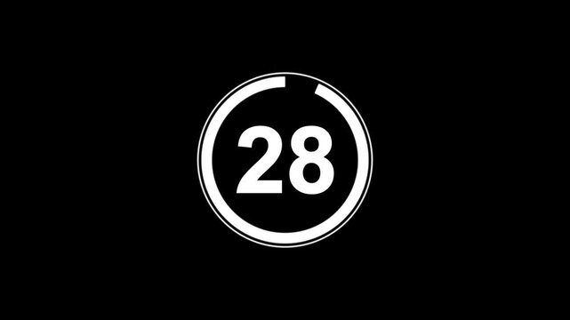 Circle countdown timer 30 seconds animation from 30 to 0 seconds' real time. Animated number 30 countdown graphic on black background with modern minimalist design