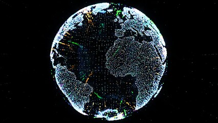 Particle swarm forming a globe, representing global AI.
