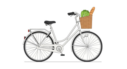 White city bicycle with front basket of groceries, for eco-friendly urban lifestyle