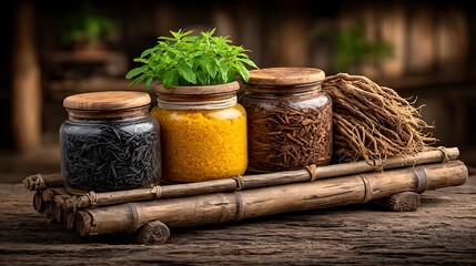 Flat lay of various herbal medicine jars and dried roots on a bamboo mat with rustic natural lighting.