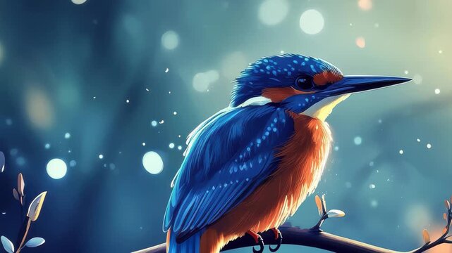 A vibrant kingfisher sits elegantly on a branch surrounded by budding leaves. Soft light creates a dreamy atmosphere, enhancing the bird&acirc;&euro;&trade;s striking colors at dusk.