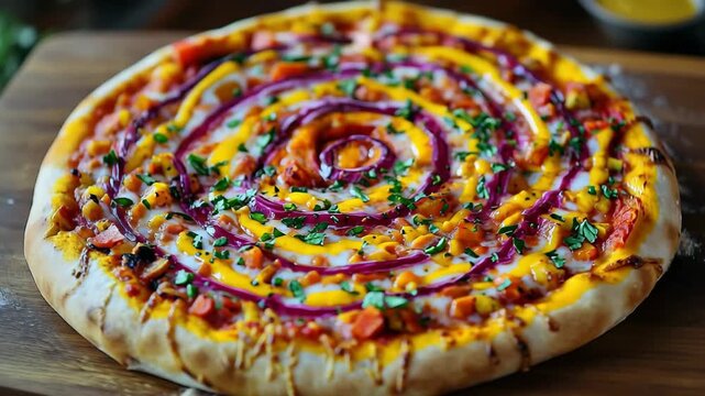 A vibrant spiral pizza featuring a variety of fresh vegetables and drizzled sauce, served on a wooden board. The colorful toppings create an enticing presentation.