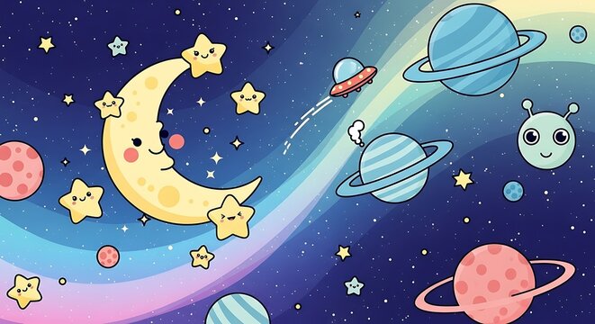 Cartoon space scene featuring crescent moon stars planets and alien characters
