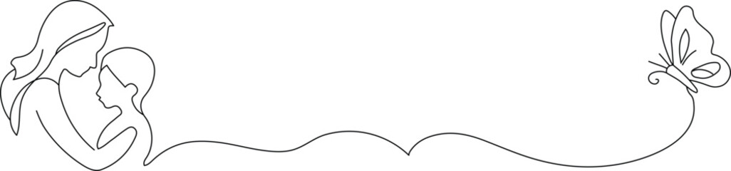 Single-Line Mother and Child with Butterfly – Minimalist Family Love Illustration