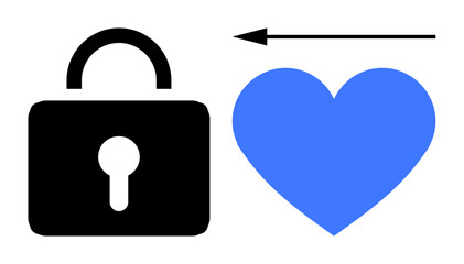 Data security. A black padlock, blue heart, and arrow data security in relationships. Data security s trust and privacy. Ideal for technology, relationships, online platforms, and communication