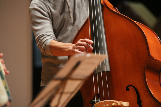 コントラバスの演奏をする男性