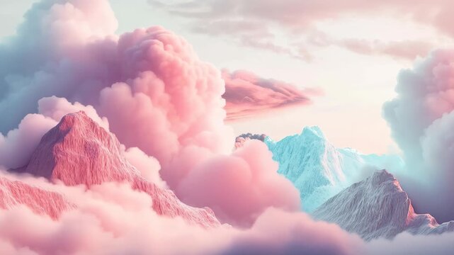 Lush pastel mountains rise majestically, their reflection shimmering in calm water, while billowing clouds mingle with warm sunset hues, creating a serene ambiance.