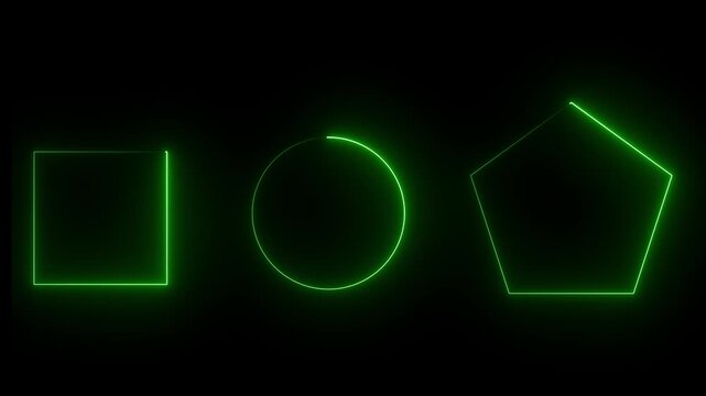 Neon circle, rectangle and hexagon. Glow shape set for disco, night club. Abstract neon banner set on black background, vector illustration. Collection of glowing shape lines in front view, vector. 4k