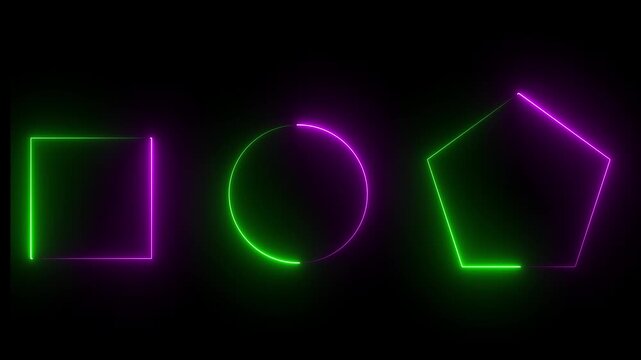 Neon circle, rectangle and hexagon. Glow shape set for disco, night club. Abstract neon banner set on black background, vector illustration. Collection of glowing shape lines in front view, vector. 4k