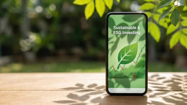 Sustainable and ESG investing concepts are highlighted smartphone screen with AI driven investment charts and green leaf symbol for eco friendly